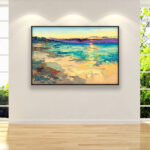 Sunset painting, original oil painting on canvas hanging on a modern wall