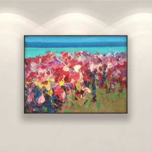 Beach painting with red flowers, original oil painting on canvas hanging on a modern wall