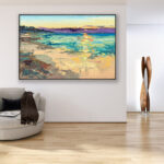 Sunset painting, original oil painting on canvas hanging in a modern living room with a beige sofa