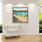 Beach painting, original oil painting on canvas hanging in a modern living room with a white sofa and home decor