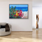 Beach painting, original oil painting on canvas hanging in a modern living room with a beige sofa and home decor