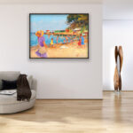 Beach oil painting on canvas with rich impasto texture hanging in a modern living room with a beige sofa