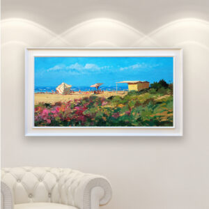 Impressionist Beach oil painting on canvas with rich impasto texture hanging in a modern living room with a white sofa