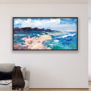 Seascape Painting oil painting on canvas with rich impasto texture hanging in a modern living room with a beige sofa, viewed from a medium distance.