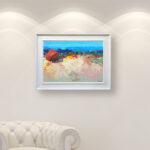 Abstract Beach oil painting on canvas with rich impasto texture hanging on a modern wall, viewed from a medium distance.