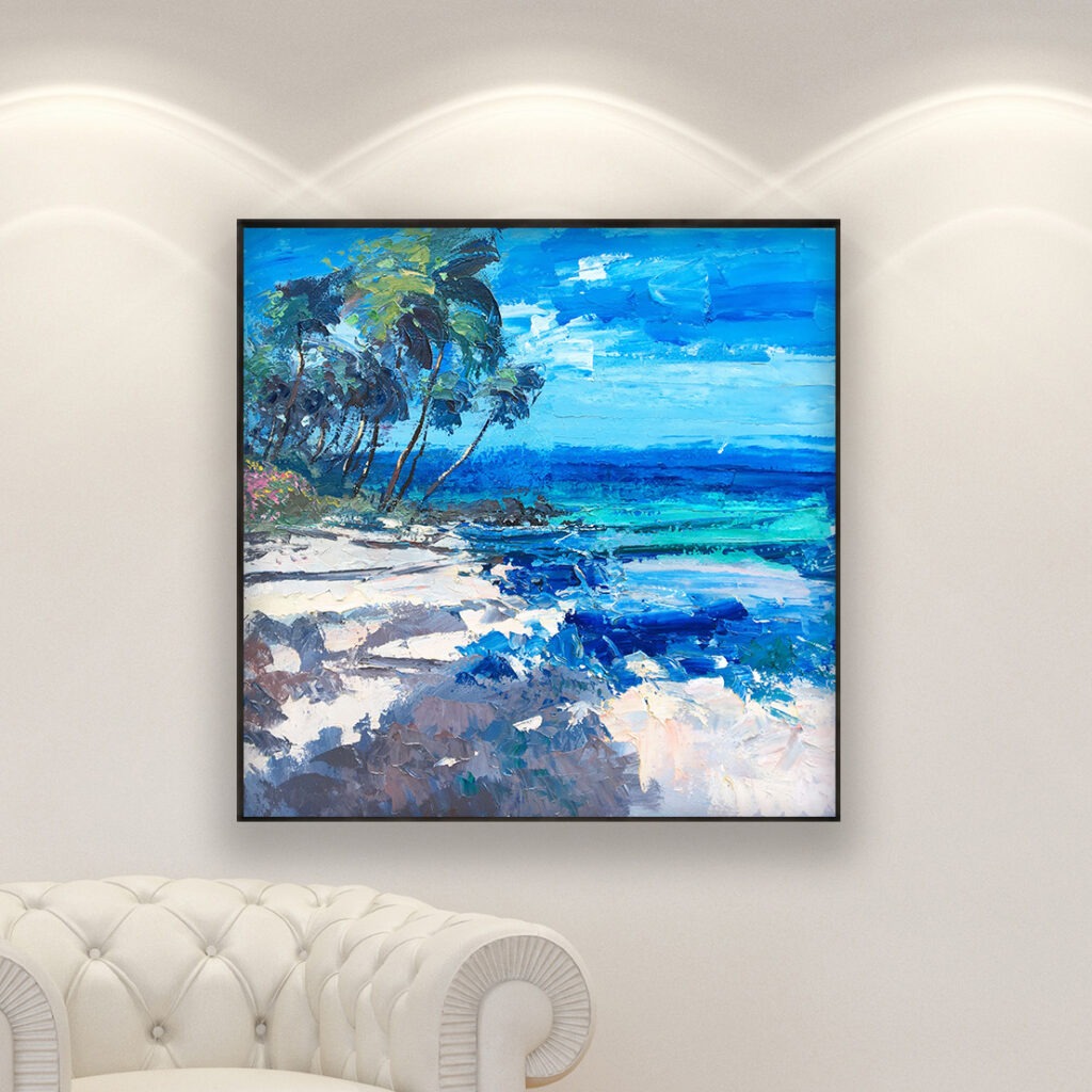 Hawaii Beach painting, original oil painting on canvas hanging in a modern living room with a white sofa and home decor