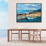 beach painting, original oil painting on canvas hanging in a modern living room with a table and ocean view and home decor