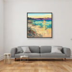 Beach painting, original oil painting on canvas hanging in a modern living room with a gray sofa and home decor