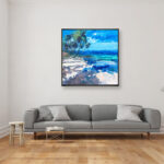 Hawaii Beach painting, original oil painting on canvas hanging in a modern living room with a white sofa and home decor