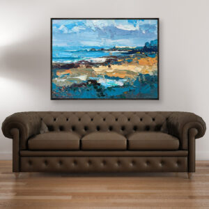 Beach painting, original oil painting on canvas hanging in a modern living room with a brown sofa and home decor