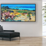 Beach painting, original oil painting on canvas hanging in a modern living room with a black sofa and home decor