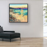 Beach painting, original oil painting on canvas hanging in a modern living room with a black sofa and home decor