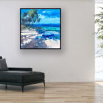 Hawaii Beach painting, original oil painting on canvas hanging in a modern living room with a black sofa and home decor