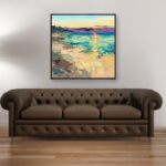 Algarve painting, original oil painting on canvas hanging in a modern living room with a brown sofa and home decor