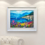 Bellagio lake Como painting, original oil painting on canvas hanging in a modern living room with a white sofa