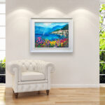 Bellagio painting, original oil painting on canvas hanging in a modern living room with a white sofa and home decor