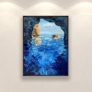 Blue Grotto Capri oil painting on canvas, original art, modern textured vertical large ocean wall art, perfect for living room wall decor and as unique gift ideas, displayed on the wall in a stylish room