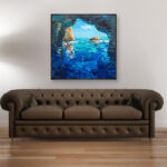 Blue Grotto painting, original oil painting on canvas hanging in a modern living room with a brown sofa and home decor