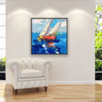 Sailboats painting, original oil painting on canvas hanging in a modern living room with a white sofa and home decor