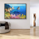 Capri painting, original oil painting on canvas hanging in a modern living room with a beige sofa