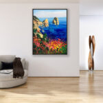 Capri painting, original oil painting on canvas hanging in a modern living room with a beige sofa and home decor