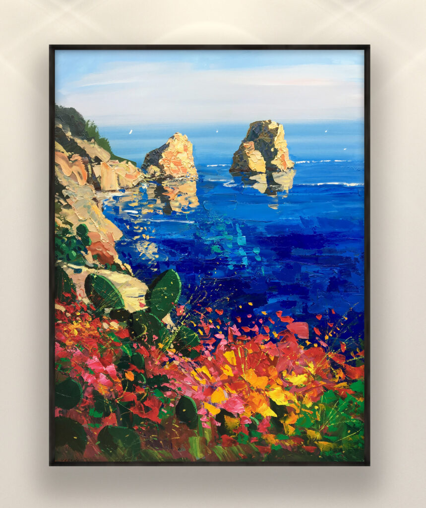 Capri painting, original oil painting on canvas, hanging on a modern wall