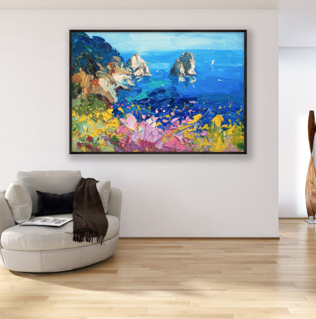 Capri painting, original oil painting on canvas hanging in a modern living room with a beige sofa