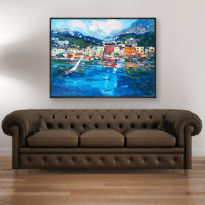 Capri painting, original oil painting on canvas hanging in a modern living room with a brown sofa and home decor