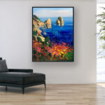 Capri painting, original oil painting on canvas hanging in a modern living room with a black sofa and home decor