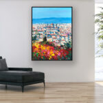 Florence painting, original oil painting on canvas hanging in a modern living room with a black sofa and home decor