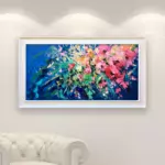 Flowers painting, original oil painting on canvas hanging in a modern living room with a white sofa and home decor