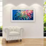 Flowers painting, original oil painting on canvas hanging in a modern living room with a white sofa and home decor