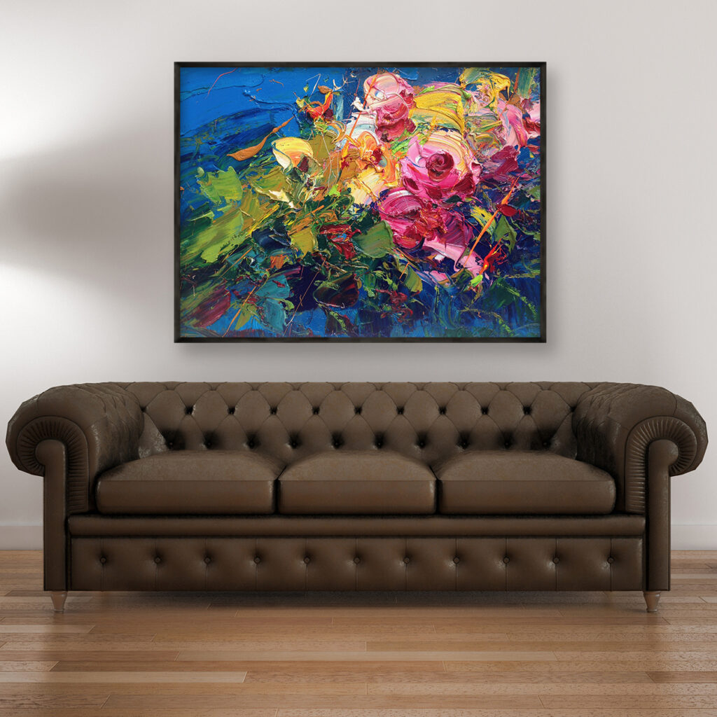 Flowers painting, original oil painting on canvas hanging in a modern living room with a brown sofa and home decor