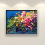 Flowers painting, original oil painting on canvas hanging on a modern wall