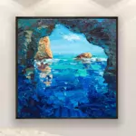 Blue Grotto painting, original oil painting on canvas, hanging on a modern wall