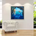 Blue Grotto painting, original oil painting on canvas hanging in a modern living room with a white sofa and home decor