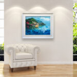 Lake Como painting, original oil painting on canvas hanging in a modern living room with a white sofa and home decor