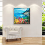 Varenna Lake Como painting on canvas with rich impasto texture hanging in a stylish living room, showing full room decor.