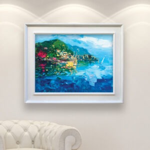 Lake painting, original oil painting on canvas, hanging on a modern wall