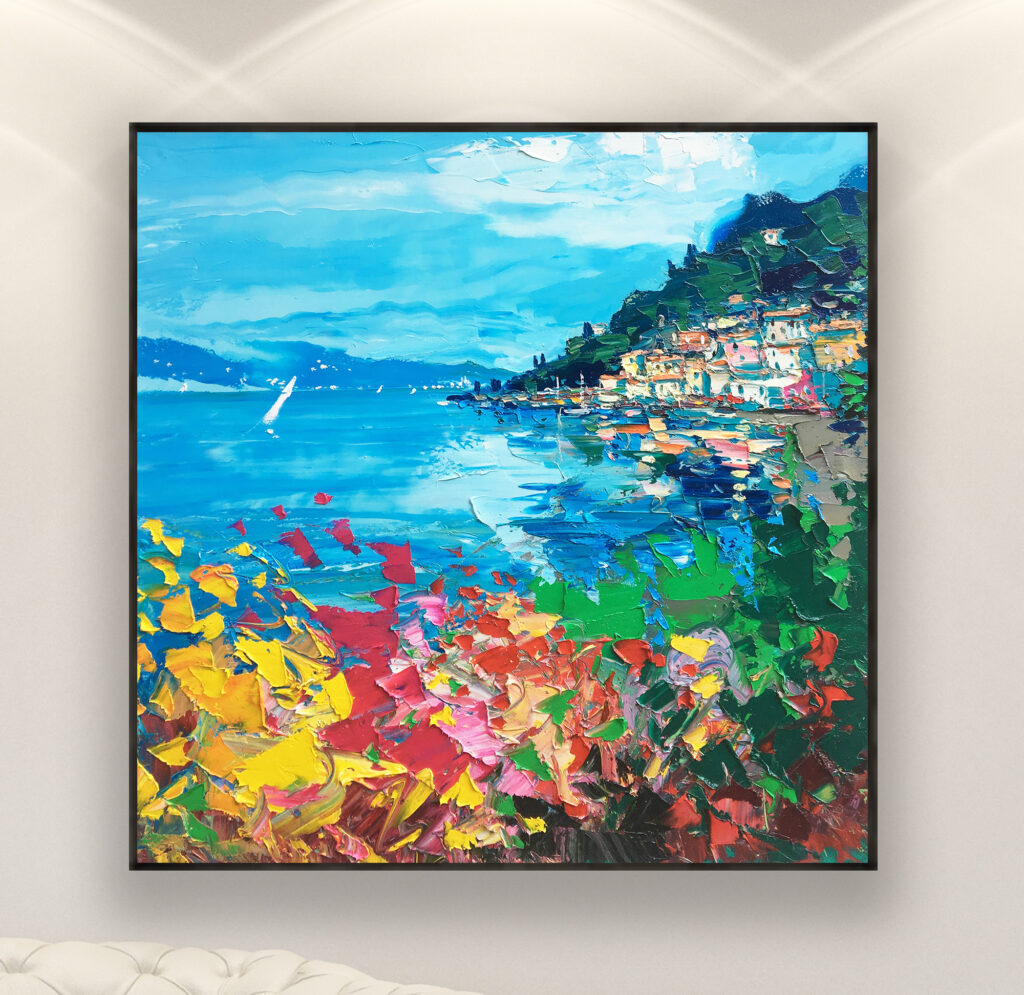 Varenna Lake Como painting on canvas with rich impasto texture hanging on a modern wall