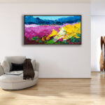 Landscape painting, original oil painting on canvas hanging in a modern living room with a beige sofa and home decor