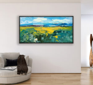 Landscape painting, original oil painting on canvas hanging in a modern living room with a beige sofa and home decor