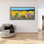 Landscape painting, original oil painting on canvas hanging in a modern living room with a beige sofa and home decor