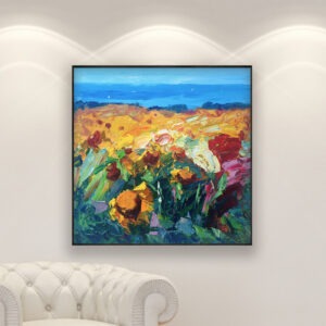 Landscape painting, original oil painting on canvas hanging in a modern living room with a white sofa and home decor