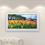 Landscape painting, original oil painting on canvas hanging in a modern living room with a white sofa and home decor