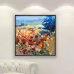 Landscape painting, original oil painting on canvas hanging in a modern living room with a white sofa and home decor