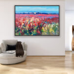 Landscape painting, original oil painting on canvas hanging in a modern living room with a beige sofa