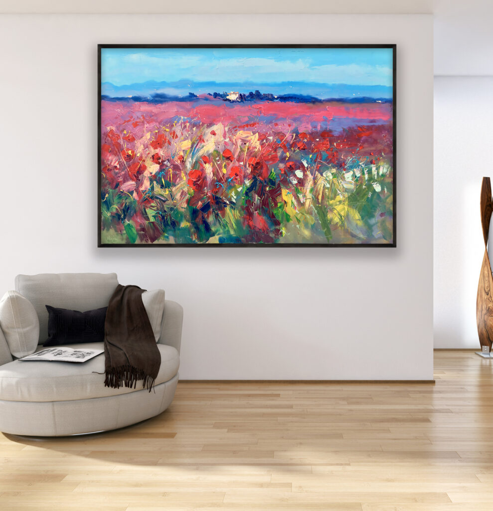 Landscape painting, original oil painting on canvas hanging in a modern living room with a beige sofa