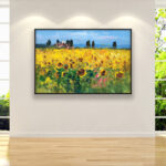 Sunflowers field art, landscape painting hanging on a modern wall