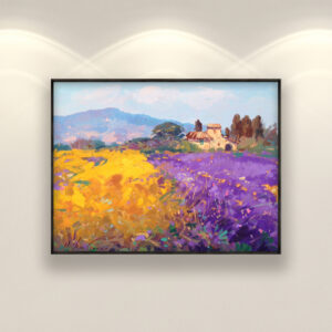 Tuscan Landscape painting, original oil painting on canvas hanging on a modern wall